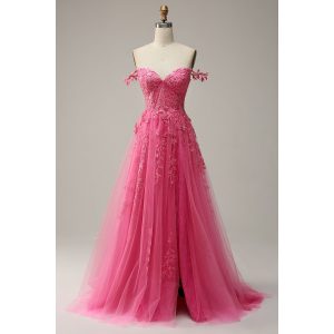 Lace Embroidered Flower Tulle Prom Dresses