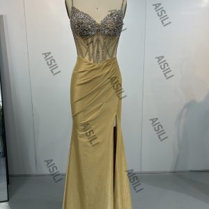 Beaded Corset Bodice Side Slit Formal Gown