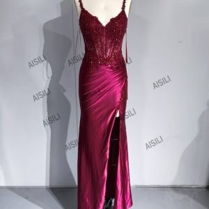 Slit Sequin Embroidery Evening Gowns for Women Dress