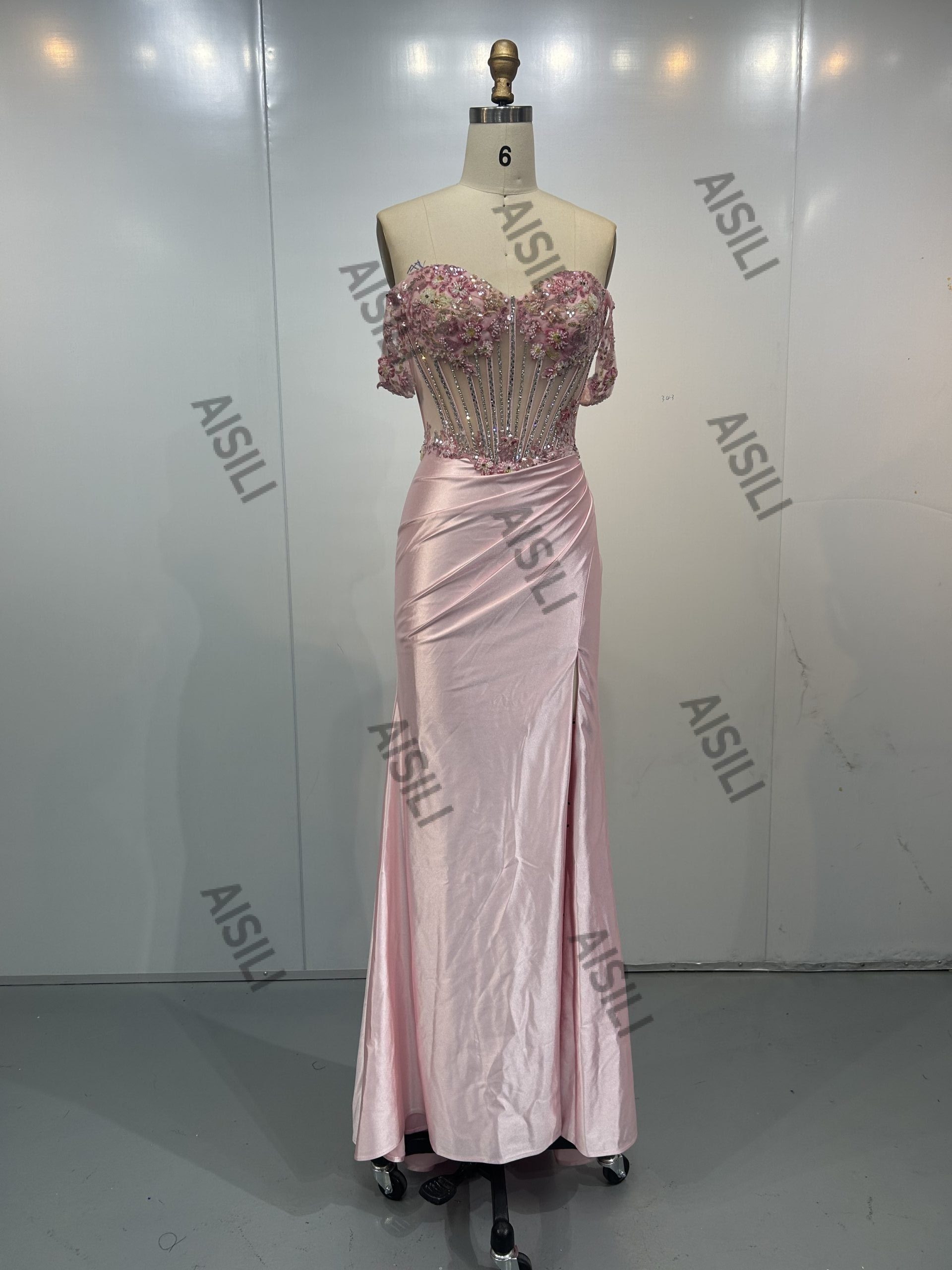 Sequin Crystal Applique Natural Floor Length Dress