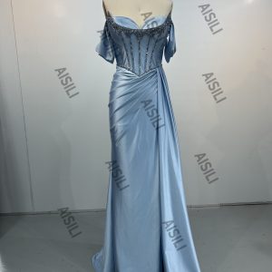 Dusty Blue Satin Mermaid Evening Dress