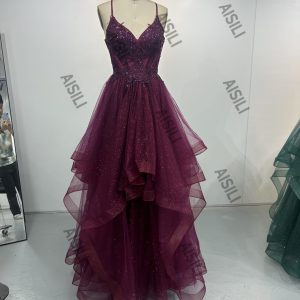 Burgundy Embroidery A Line Tulle Prom Dresses
