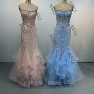Tulle Tiered Ruffle Evening Gown with Spaghetti Straps